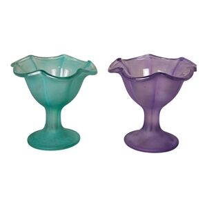 Vtg Multi Coloured Footed Dessert/Parfait Bowls/Icecream Set of 2, Frosted Glass